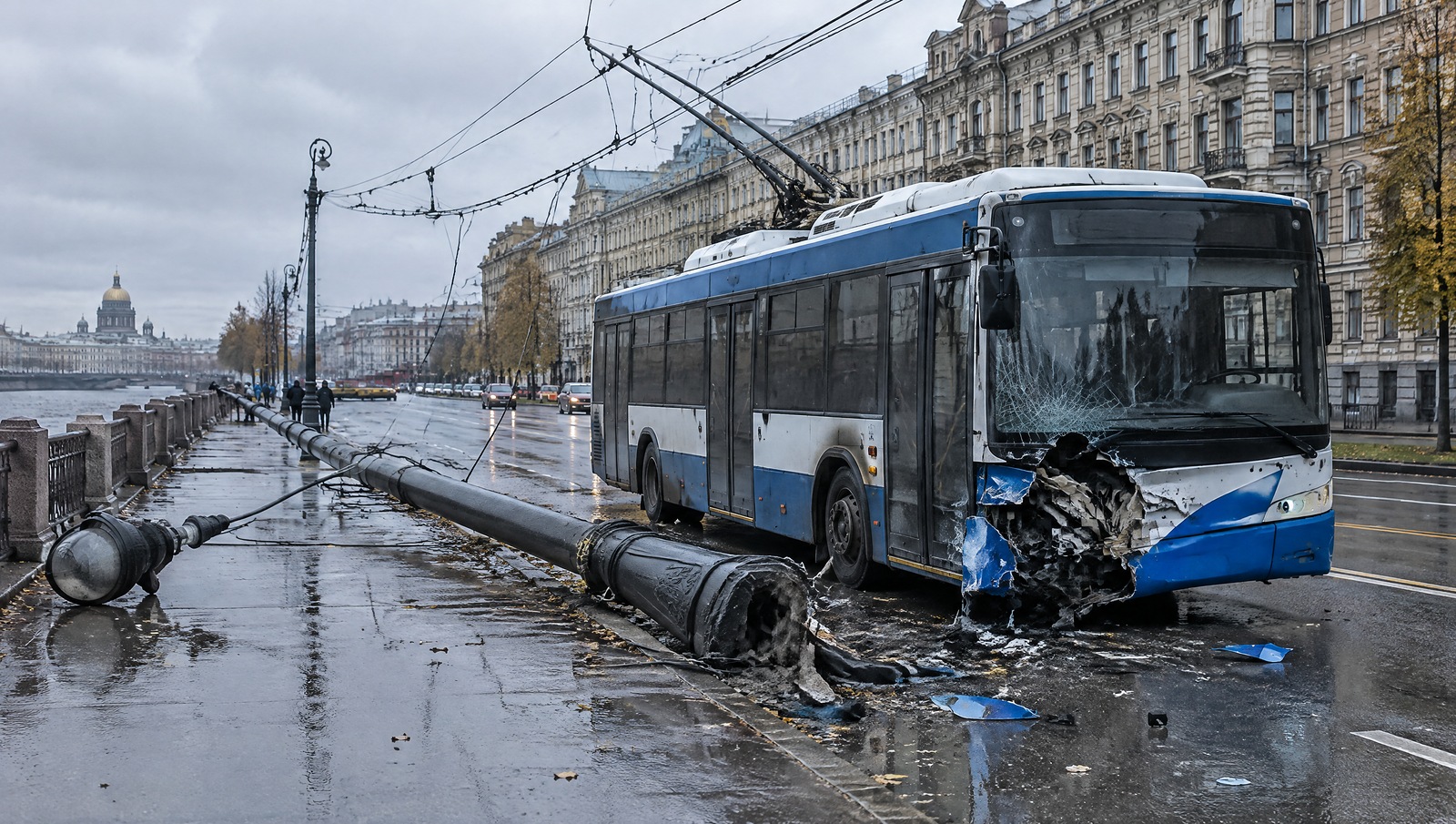 Троллейбус врезался в фонарный столб на проспекте Славы в Петербурге